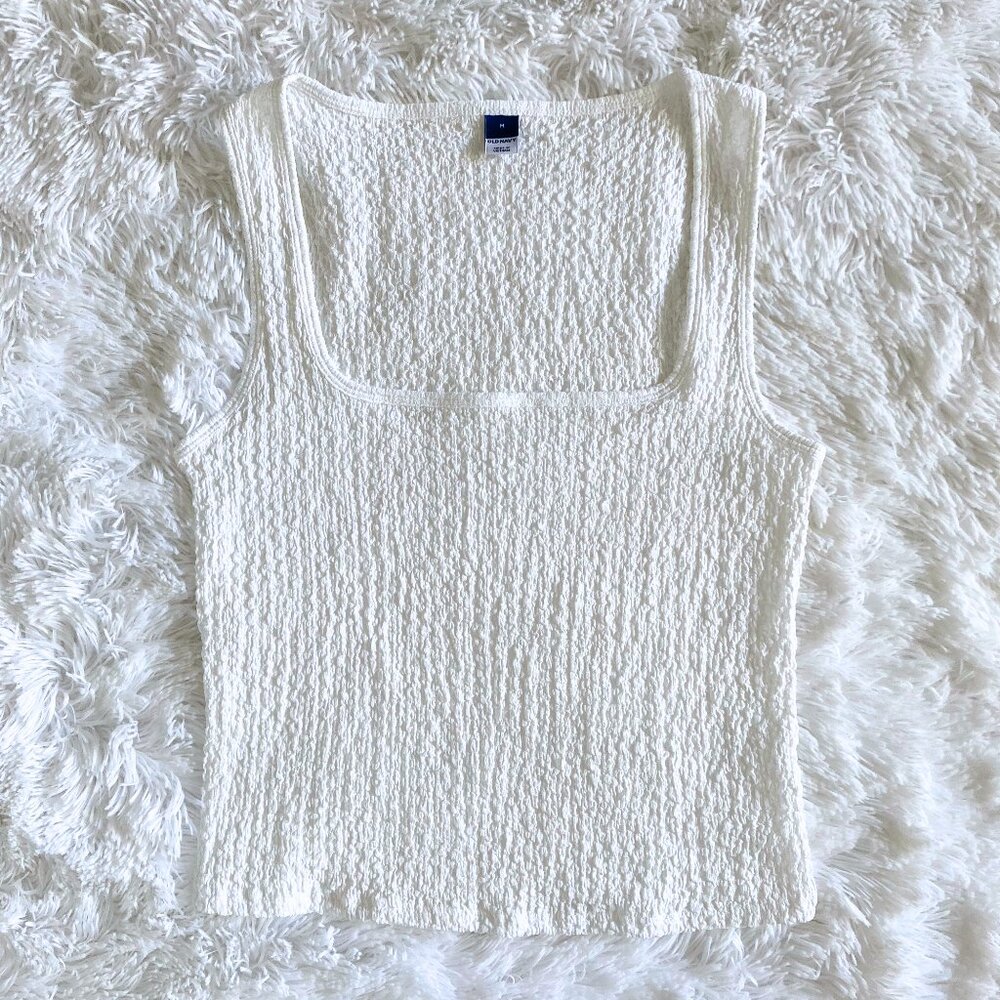 Textured White Square-Neck Tank - Medium